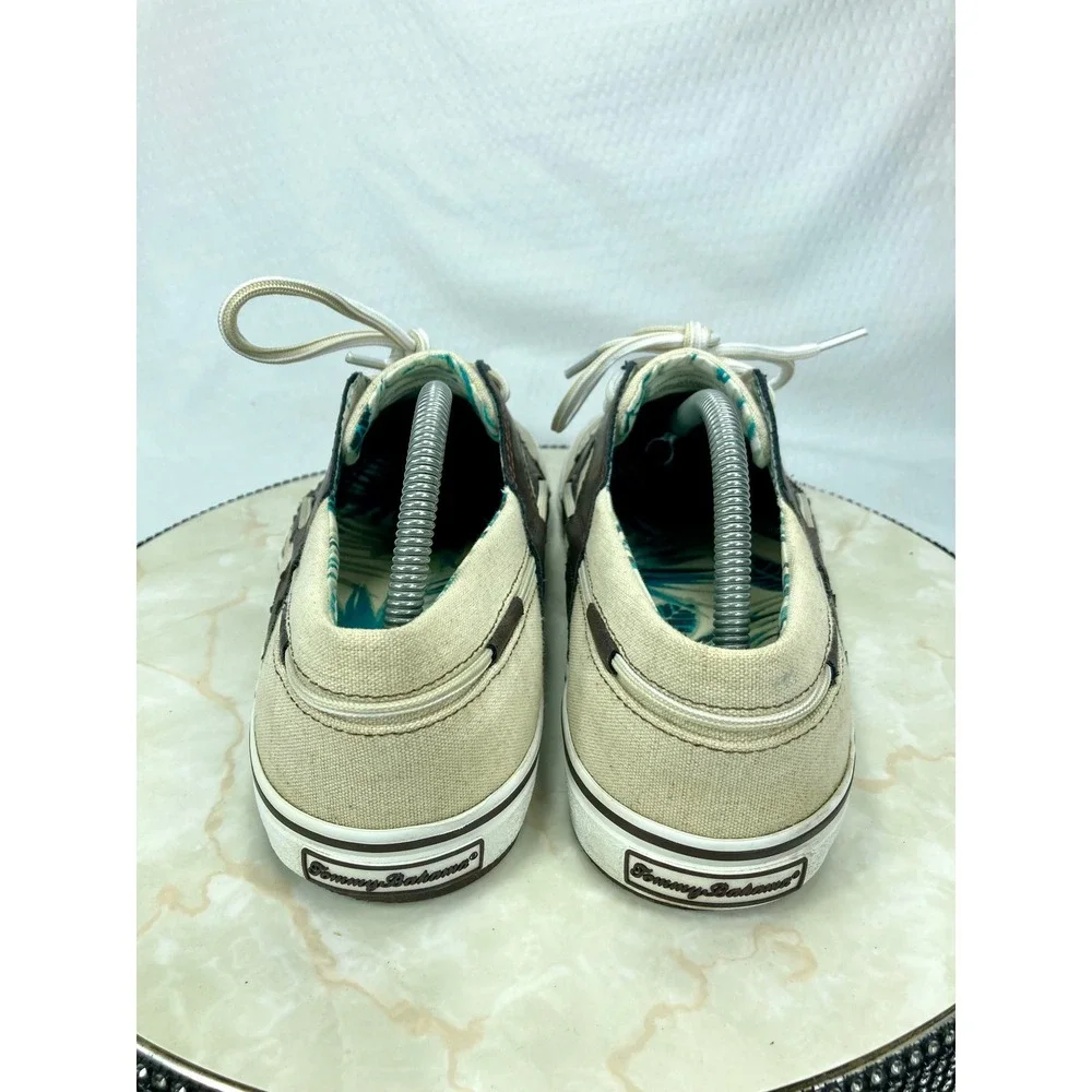 Tommy Bahama Boat Shoes Mens 10.5 Khaki Canvas Leather Dock Pool Beach Loafers